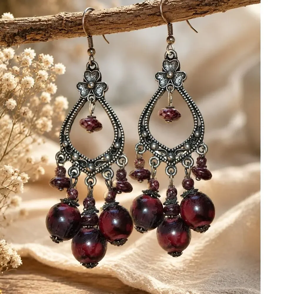 Vintage Burgundy Beaded Chandelier Earrings Boho Victorian Statement Jewelry